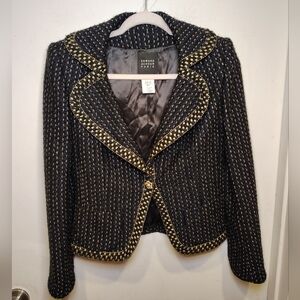 Edward Achour Paris Women's Navy & Black Tweed Gold Trim Wool Blazer Sz 38 (6-8)